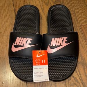 Nike Black Slides with Rose Gold Logo